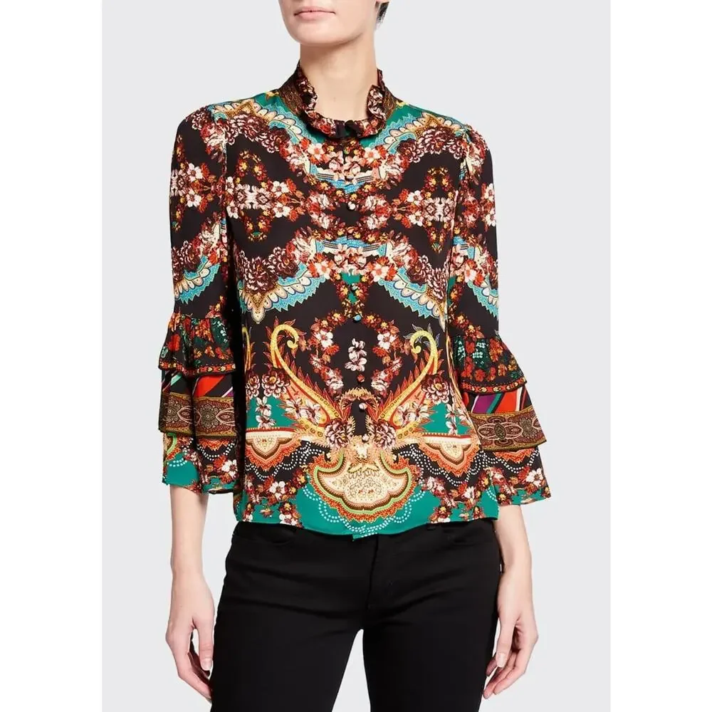 Alice and Olivia Liberty Printed Button-Front Tiered Ruffled Blouse Small - Picture 4 of 13